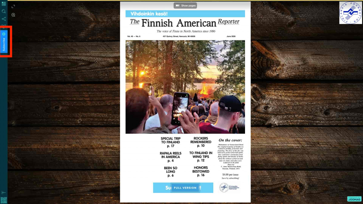 A screenshot of the digital version of Finnish American Reporter. The subscribe button is highlighted.