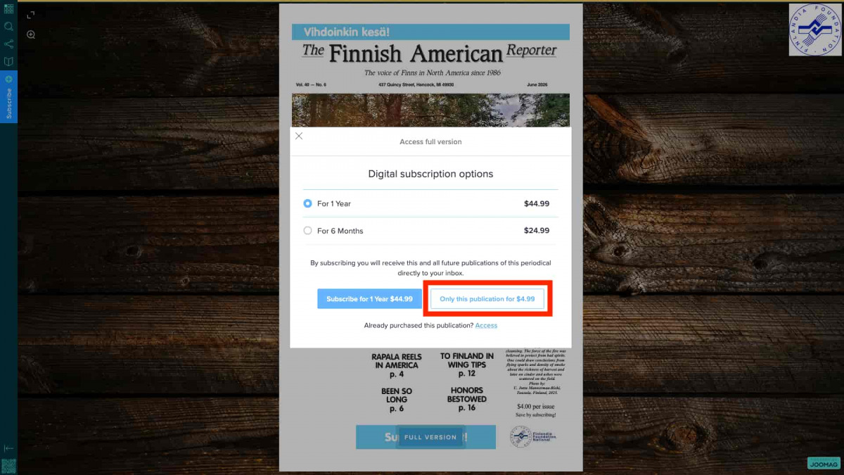 A screenshot of the digital version of Finnish American Reporter. The "Only this publication" button is highlighted.